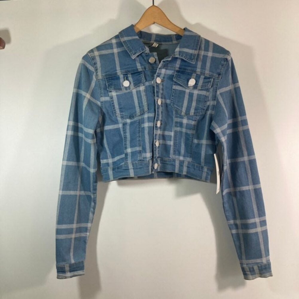 American Bazi womens checker print cropped denim jacket.